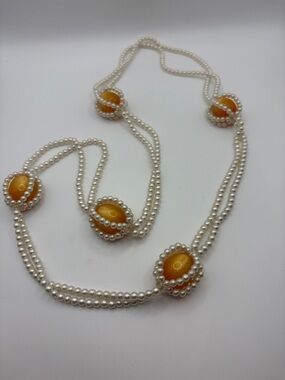 Vintage Pearl Catseye Station Necklace 30”